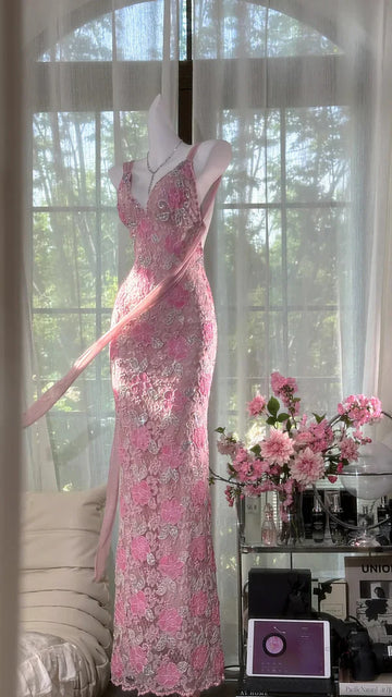 Dreamy Exquisite Pink Floral Lace Sheath Spaghetti Strap Prom Dress Evening Dress Formal Dress HZ1023